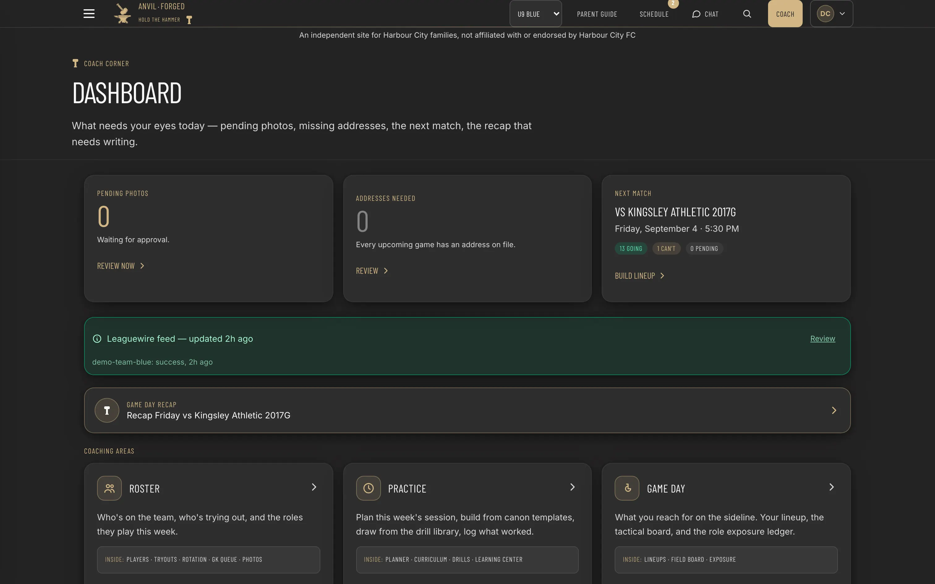 The coach dashboard: what needs review today, the next match, and the coaching areas underneath