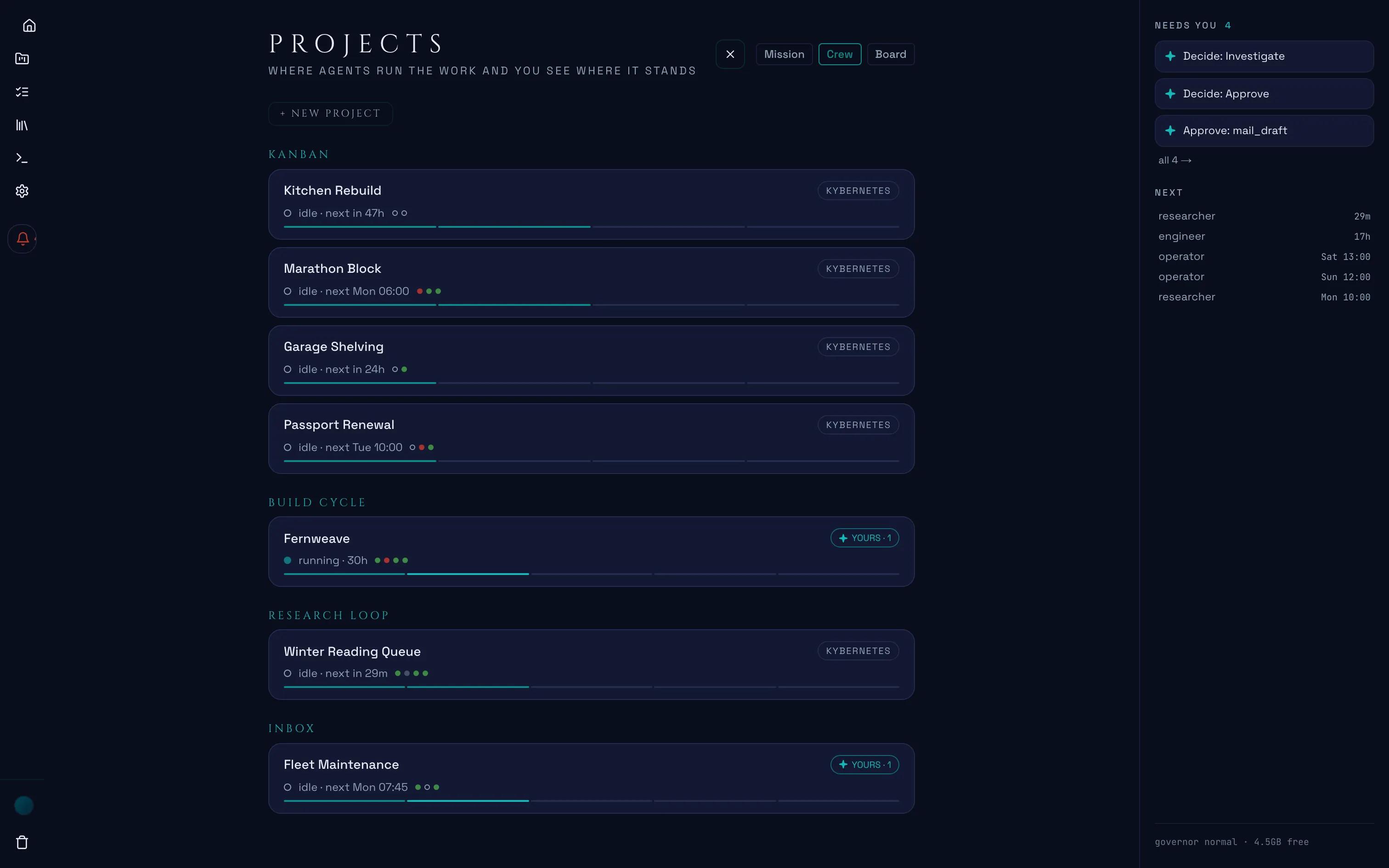 The crew lens: projects grouped by the playbook they follow, each with its live state and recent run outcomes
