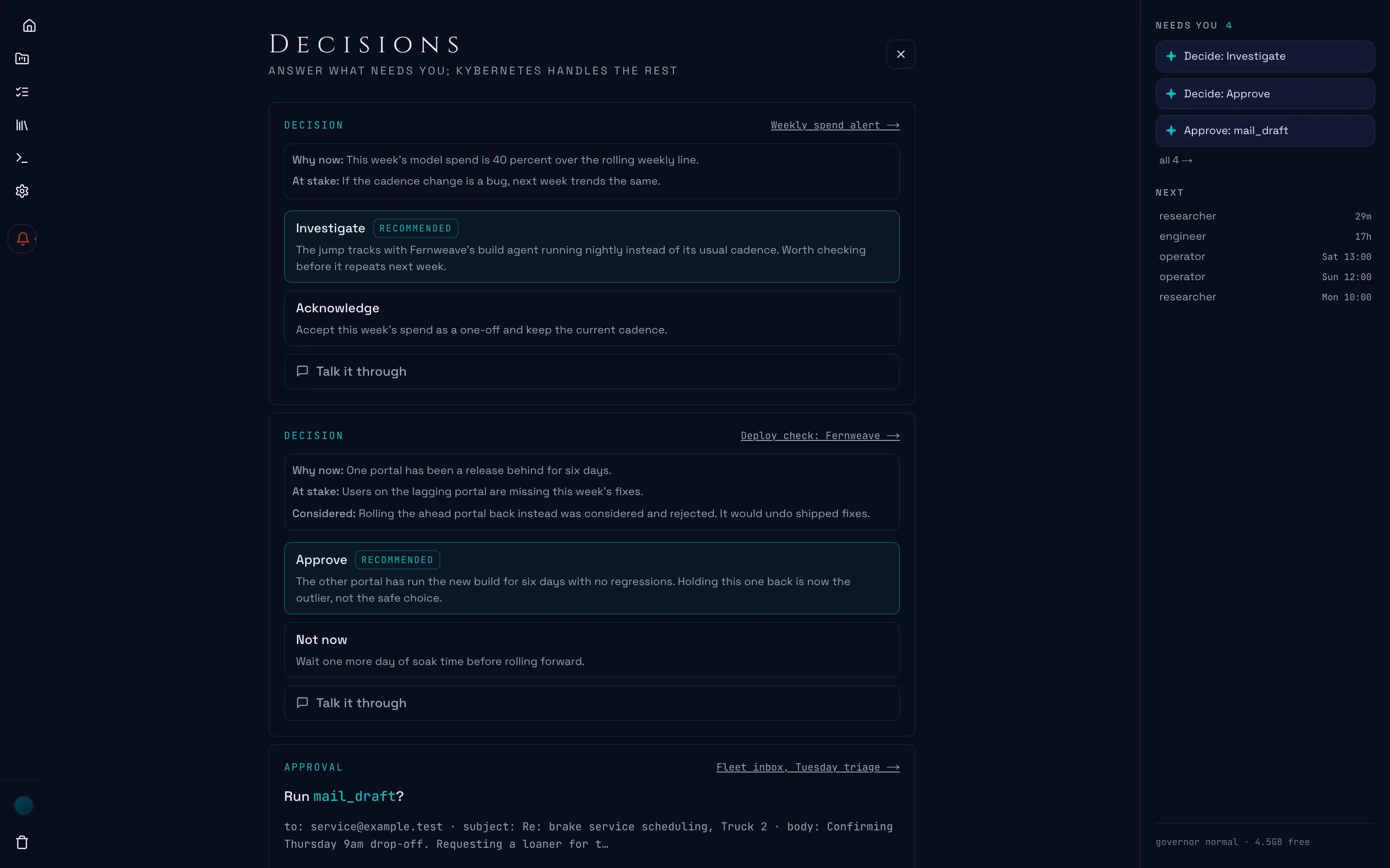 The decisions queue: why now, what is at stake, what was rejected, and a recommended option