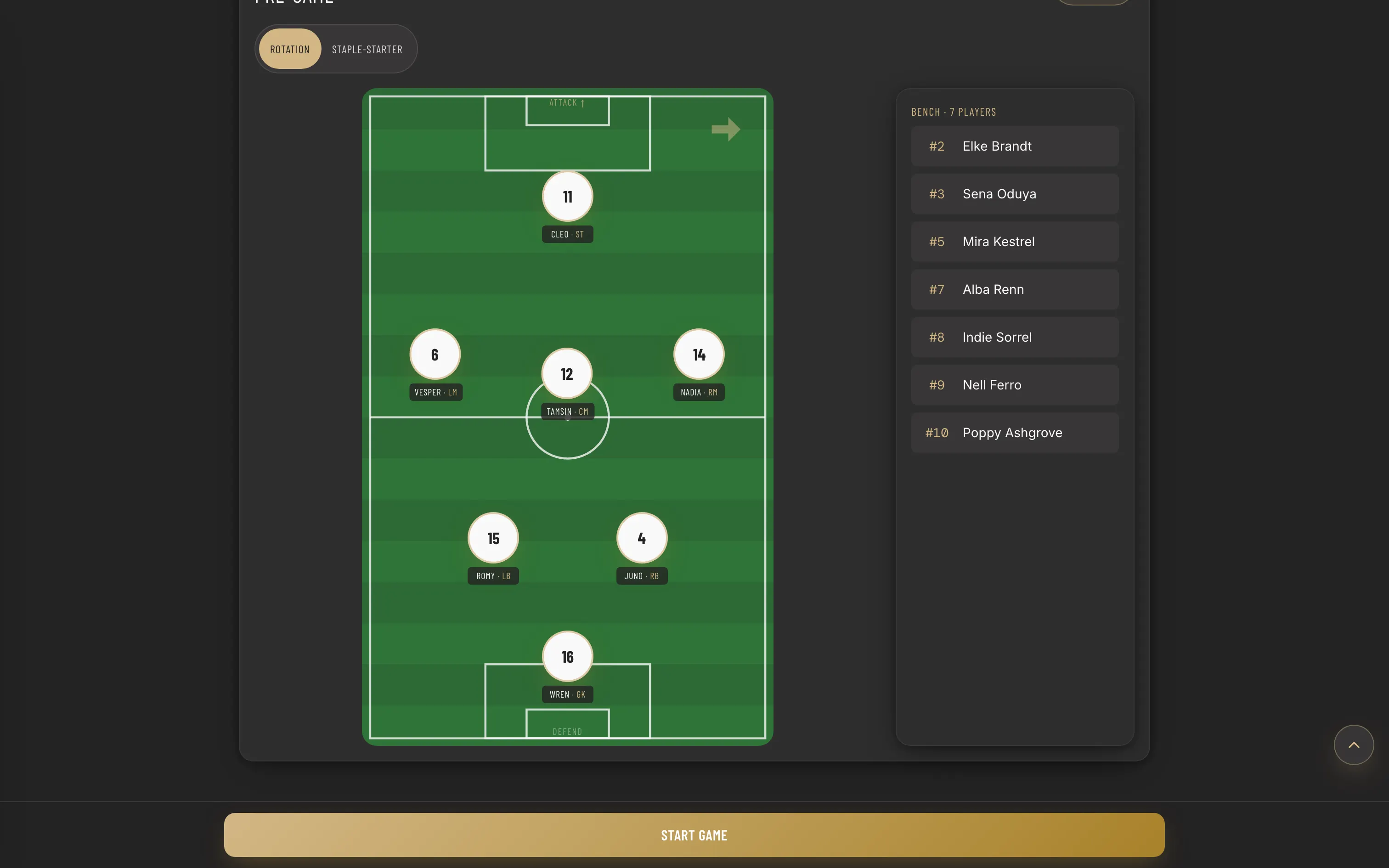 The live match engine seeded with an opening lineup and a bench of seven