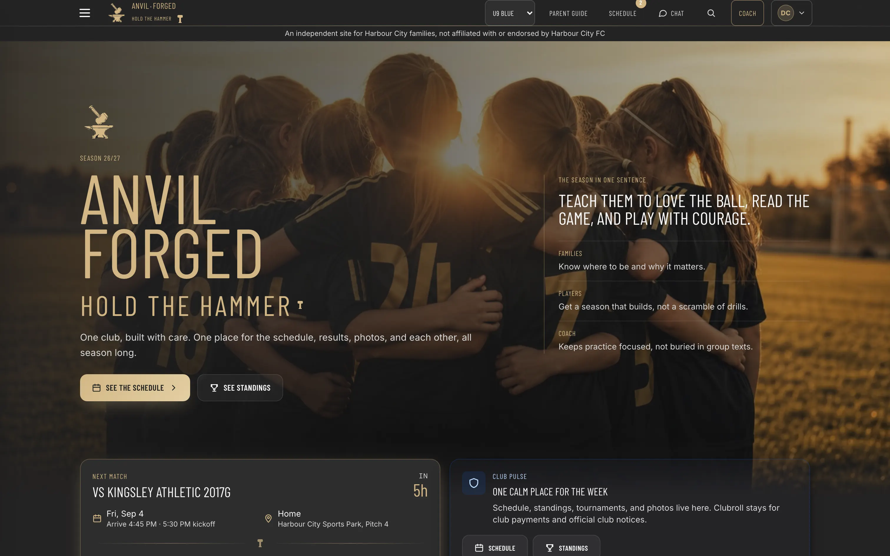 The AnvilForged home page: next match, arrival time and the two links a family opens first