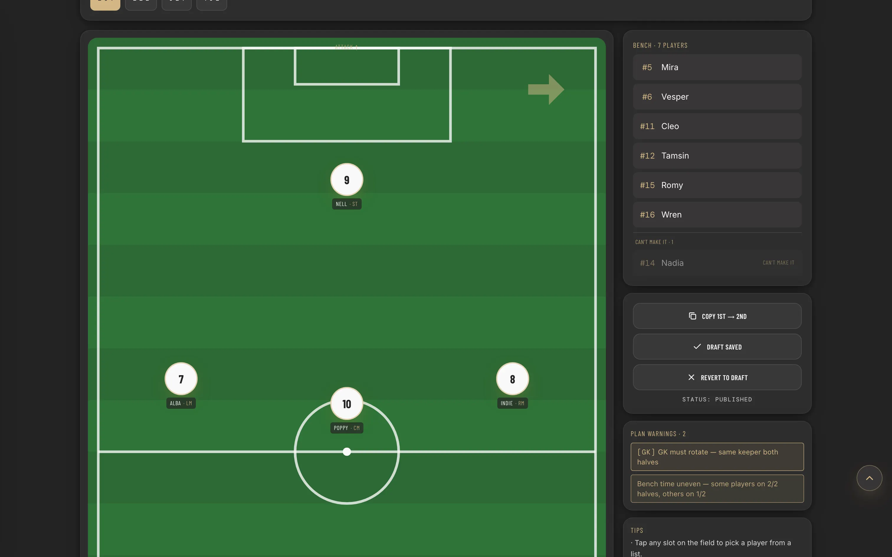 The lineup builder: a pitch with players placed, a bench beside it and two plan warnings