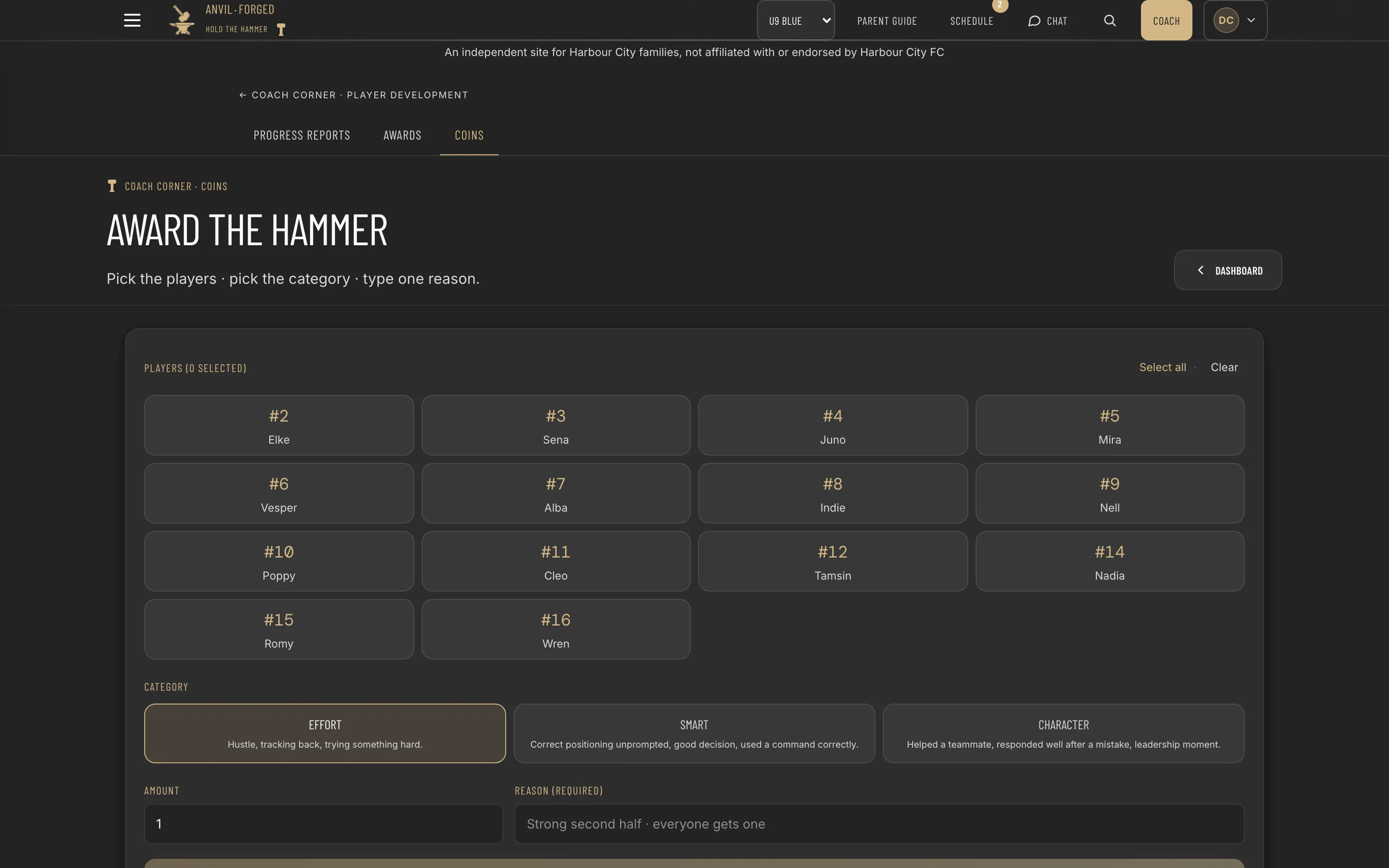 The rewards screen: pick players, pick a category, write the reason