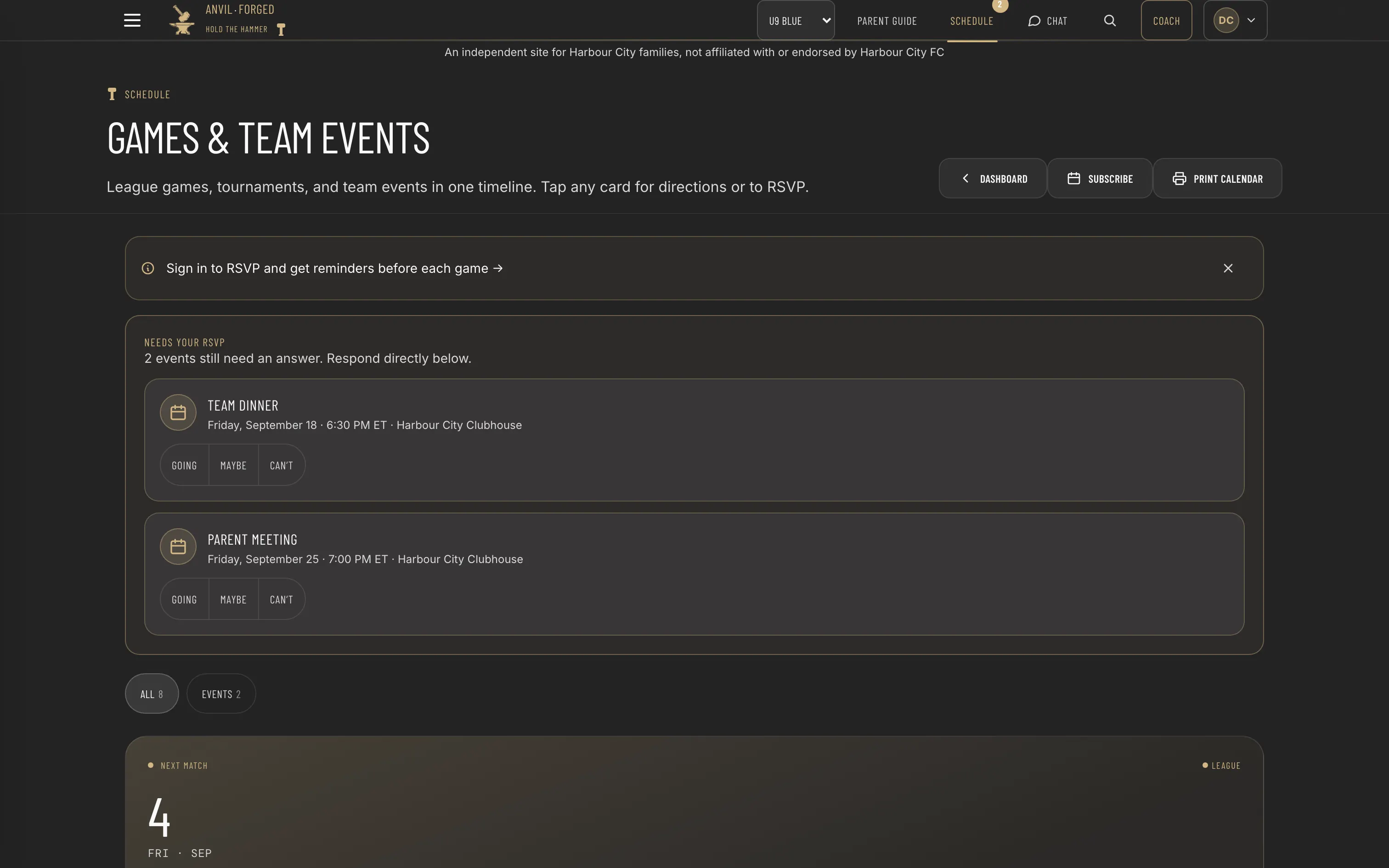 Games and team events on one timeline, with the ones still needing an answer pulled to the top
